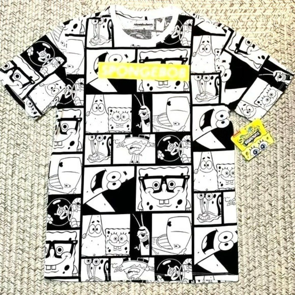 Nickelodeon T-Shirt Mens Small Black White NEW SpongeBob All Over Print Comic
